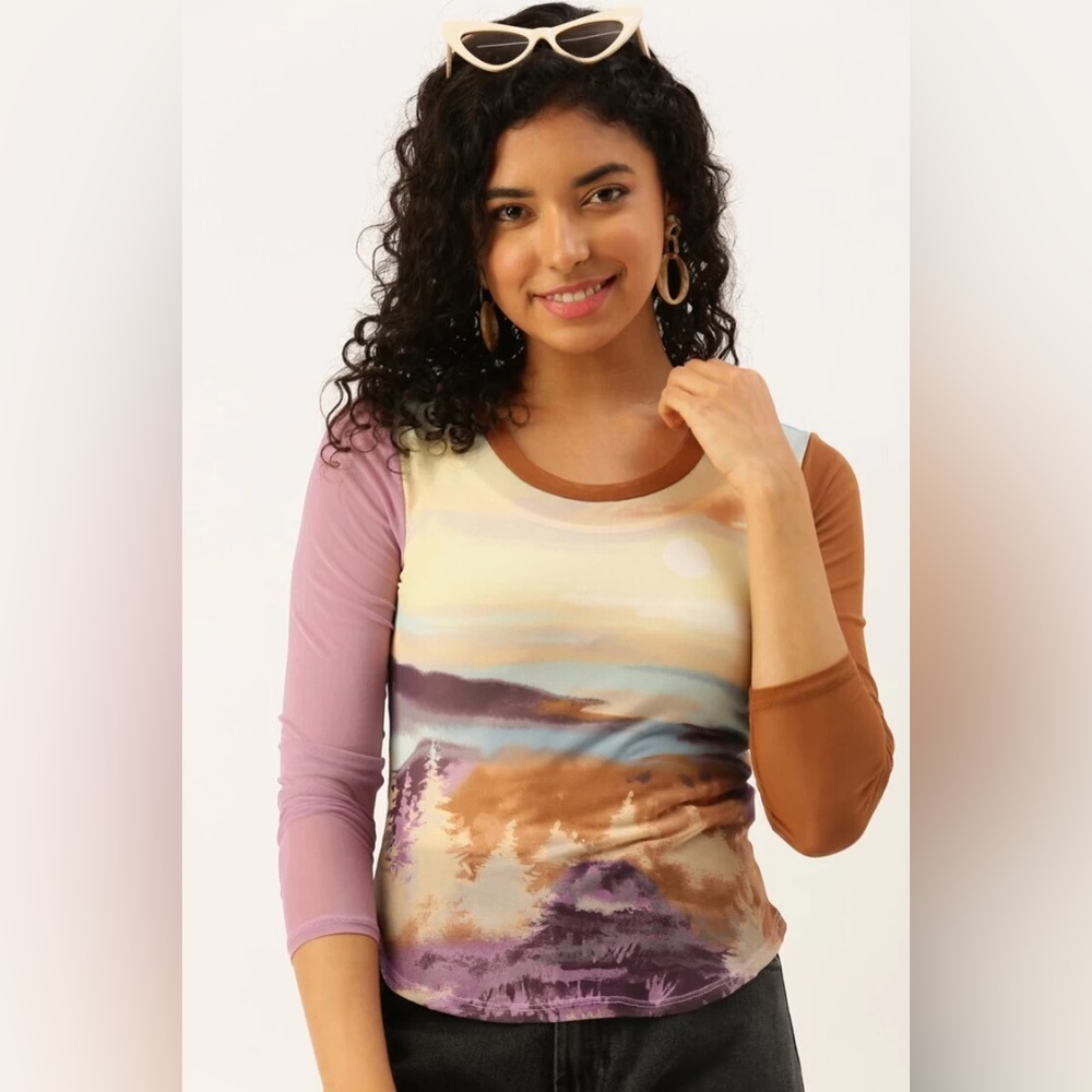 Fashion Nova Multi Colored Pine Tree Print Mesh Long Sleeve Top